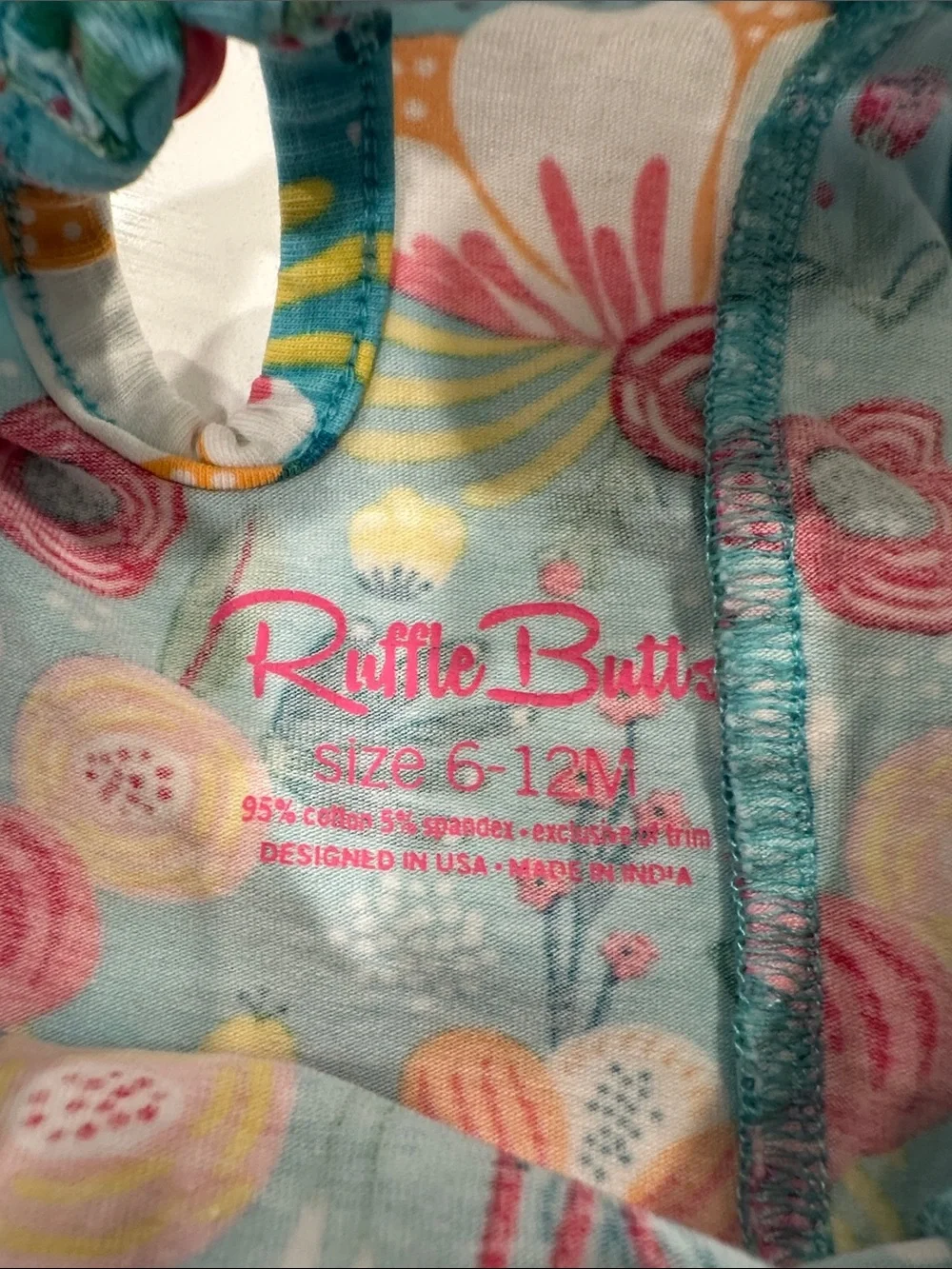RuffleButts Baby Girls Floral Ruffle Bubble Romper Teal Pink 6-12M